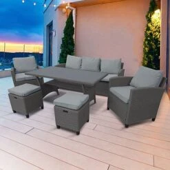Rowlinson Garden Albany Rattan Sofa Dining Set 7 Seat Grey