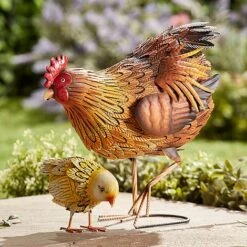 Garden Gear Set Of 2 Hand-Painted Mother Hen And Chick Garden Ornaments
